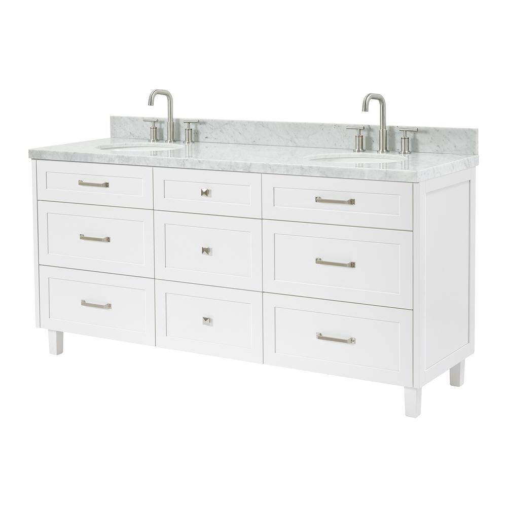 White Double Sink Bathroom Vanity with Carrara Marble Top