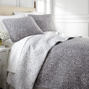 Botanical Leaves Grey Reversible Microfiber King Quilt Set