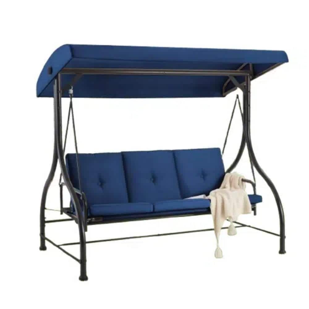 Blue Cushioned Steel Frame 3-Person Porch Swing with Adjustable Canopy