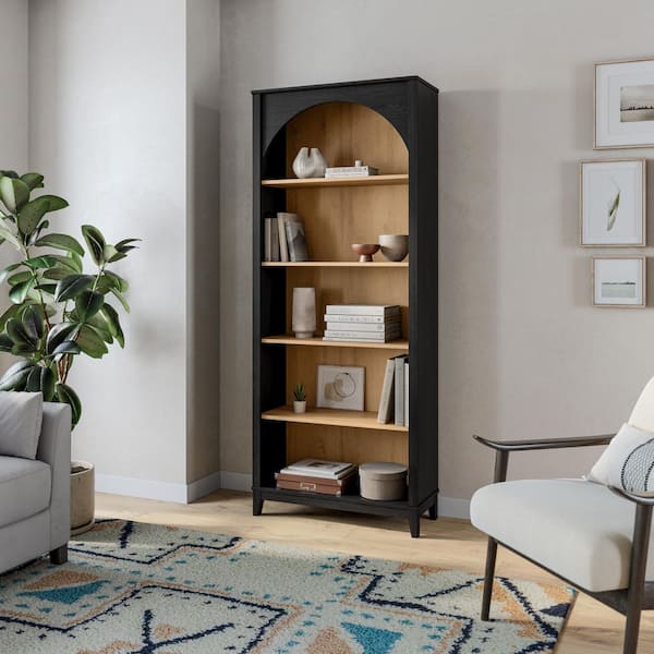 Prepac Ark 78 in. Tall Black Oak and Natural Oak Engineered Wood 5-Shelf Arched Bookcase with Storage for Home Living Room
