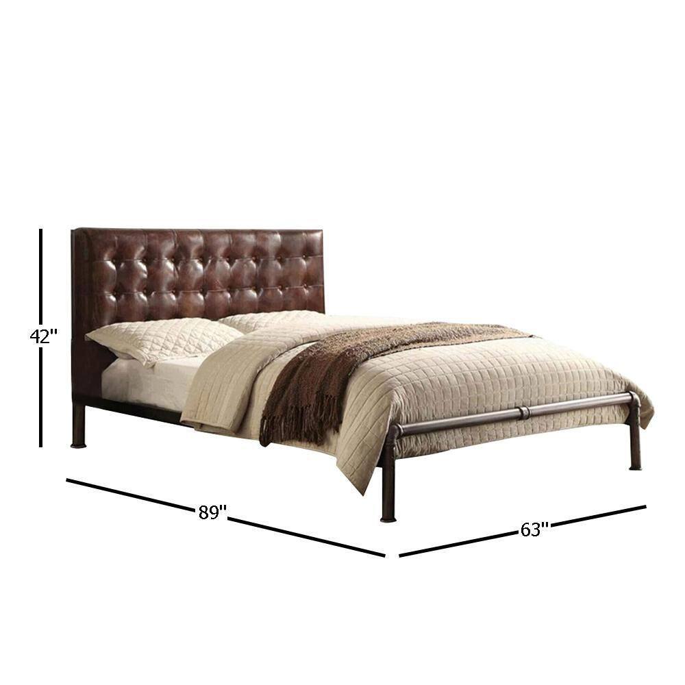 Vintage Brown Top Grain Leather Queen Bed with Tufted Headboard