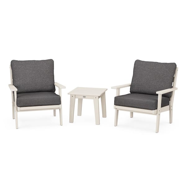 POLYWOOD Grant Park Sand 3-Piece Deep Seating Set with Ash Charcoal Cushions