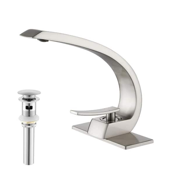 FLG Single Handle Single Hole Bathroom Faucet with Pop-up Drain Kit Modern Brass Sink Basin Vanity Taps in Brushed Nickel