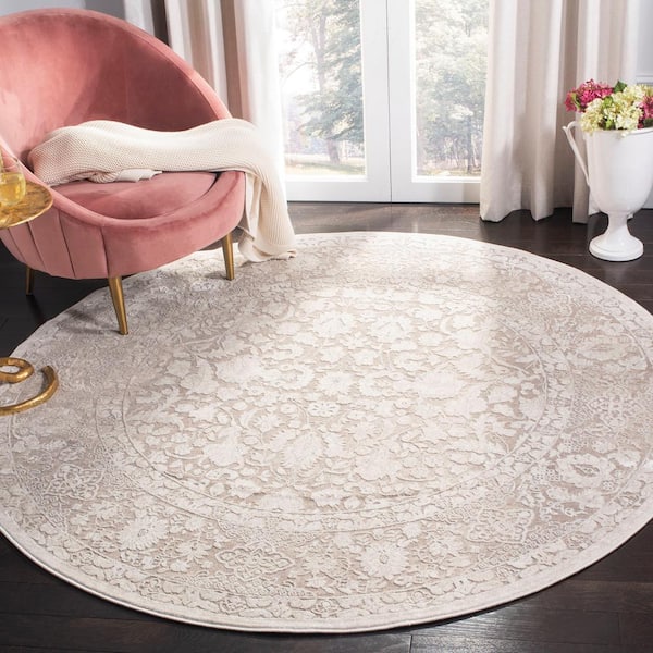 Reflection Beige/Cream 5 ft. x 5 ft. Round Distressed Floral Area Rug