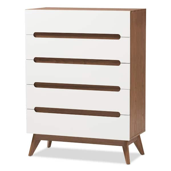 Baxton Studio Calypso 5 Drawer White and Brown Chest of Drawers