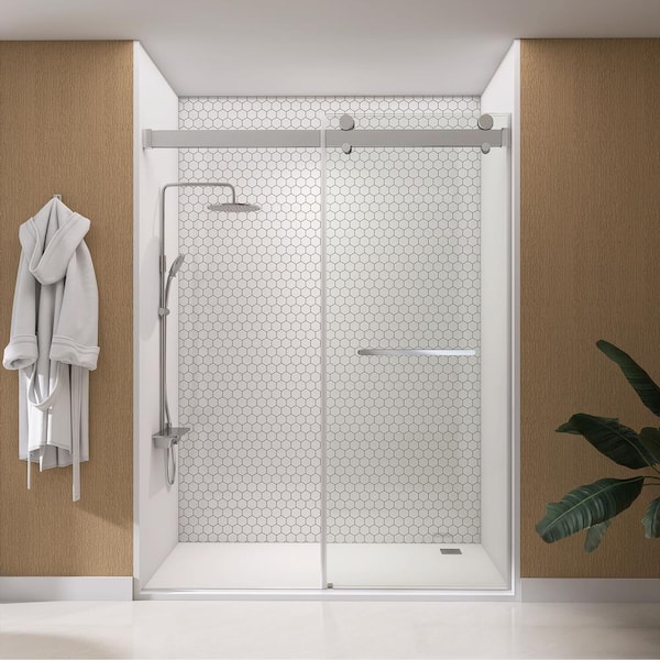 NTQ 60 in. W x 79 in. H Soft Close Double Sliding Bypass Frameless Glass Shower Door in Brushed Nickel 3/8 in. Clear Glass