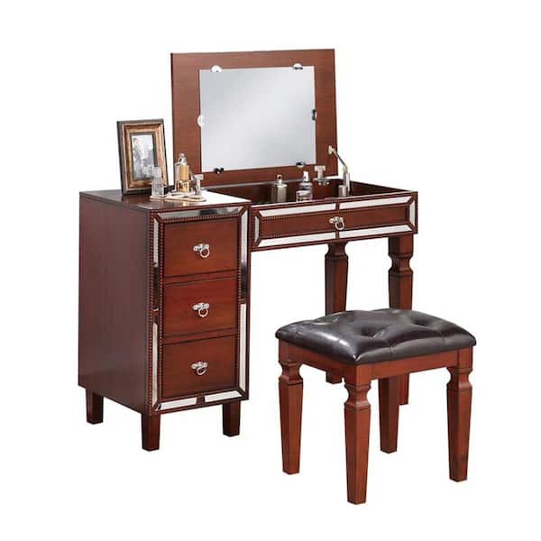 Benjara 3-Pieces Brown Makeup Vanity Set with Mirror