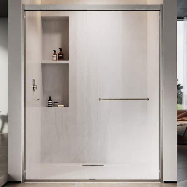UNIKOO UKD06 56 to 60 in. W. x 76 in. H Double Sliding Semi-Frameless Shower Door in Brushed Nickel, Enduro- Shield Clear Glass