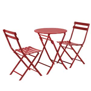 3 Piece Red Metal Patio Outdoor Bistro Set of Foldable Round Table and Chairs