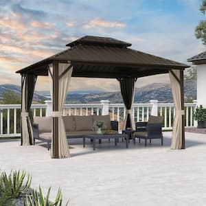 10 ft. x 12 ft. Bronze Aluminum Outdoor Hardtop Gazebo Metal Frame Galvanized Double Roof with Curtains and Nettings