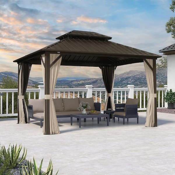 PURPLE LEAF 10 ft. x 12 ft. Bronze Aluminum Outdoor Hardtop Gazebo Metal Frame Galvanized Double Roof with Curtains and Nettings