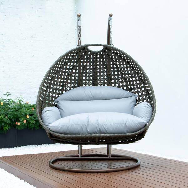 Leisuremod Beige Wicker Hanging 2 Person Egg Swing Chair Porch