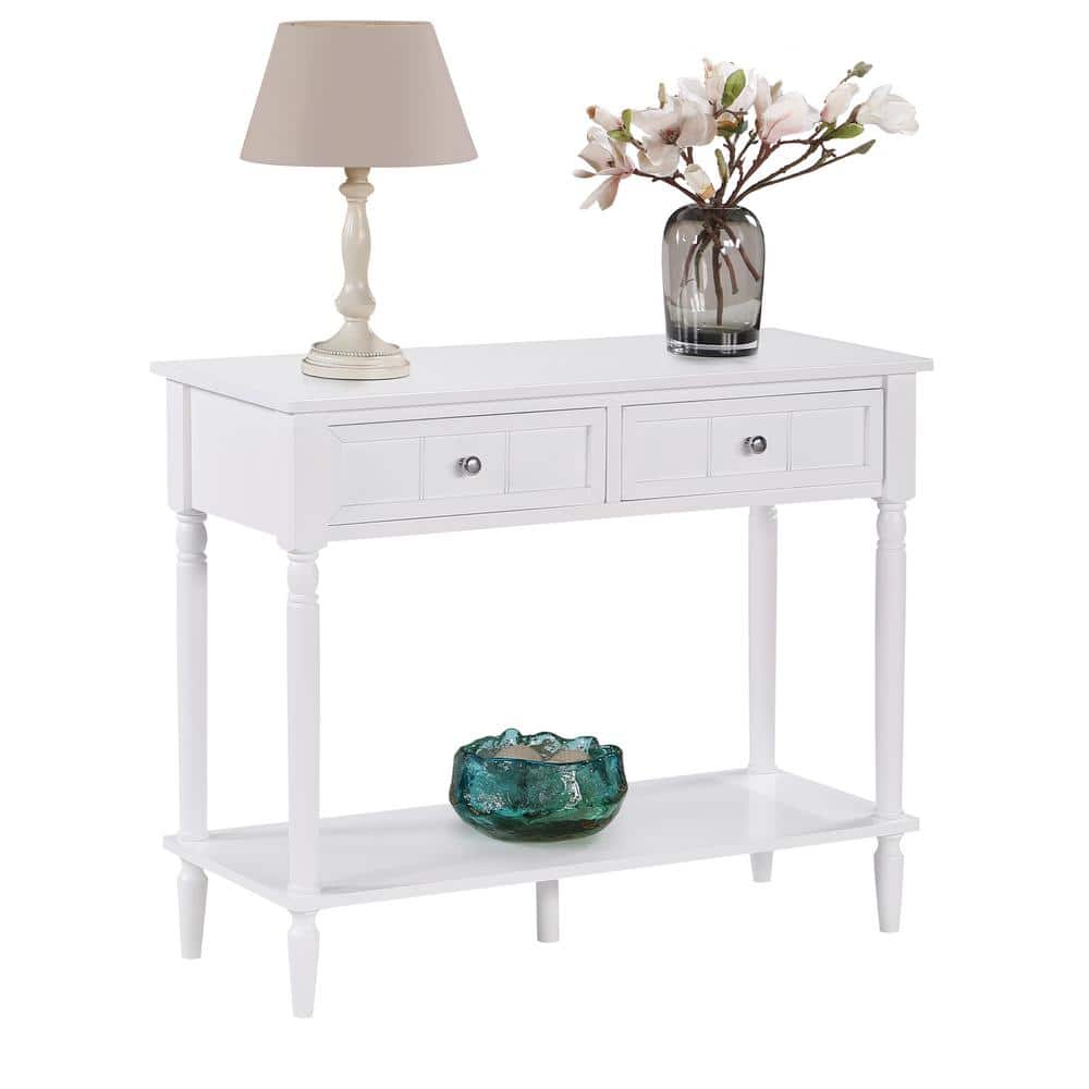 White Wood and Metal 2-Drawer Hall Table with Shelf