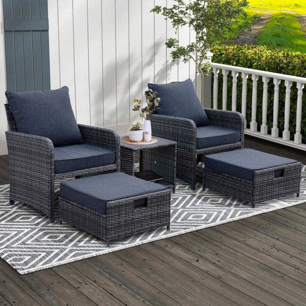 Tenleaf 5-Piece Wicker Patio Conversation Set with Dark Blue Cushions ...