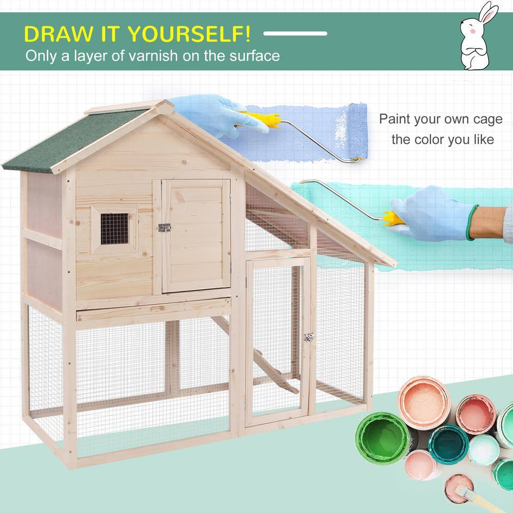 Natural Wood 2-Tier Guinea Pig Hutch with Ramp and Roof