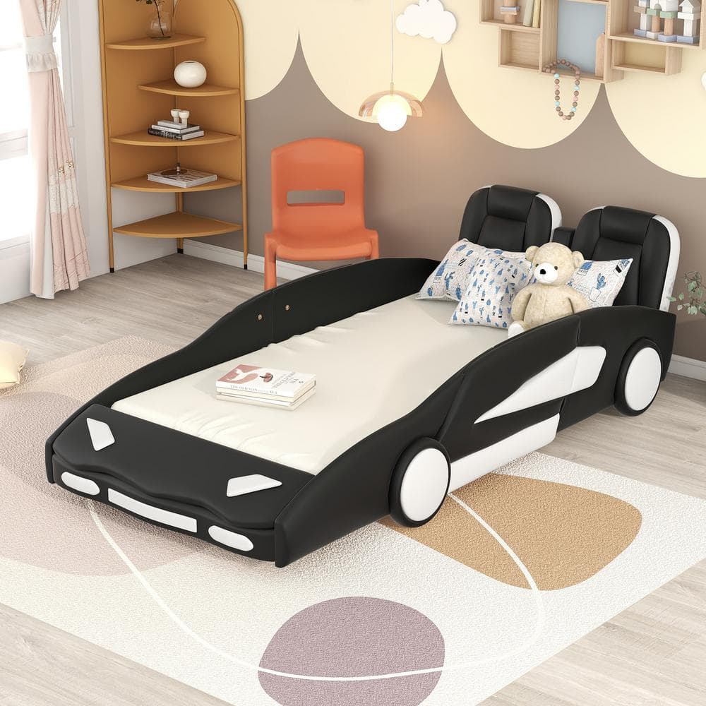 URTR Twin Size Race Car-Shaped Platform Bed with Wheels, Wood Kids Bed  Frame with Guardrails in Black T-02036-B - The Home Depot