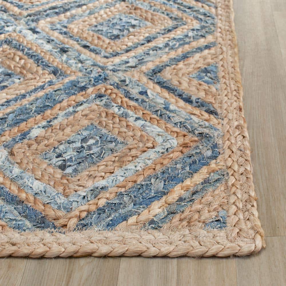 Hand-Woven Natural and Blue Geometric Jute Runner Rug