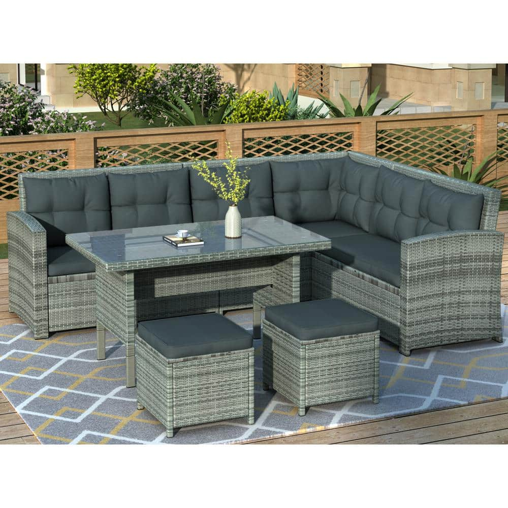 Gray 6-Piece Wicker Patio Conversation Sectional Seating Set with Dark Gray Cushion, Glass Table Ottomans for Pool Lawn -  GOSHADOW, SH000069NYYAAA