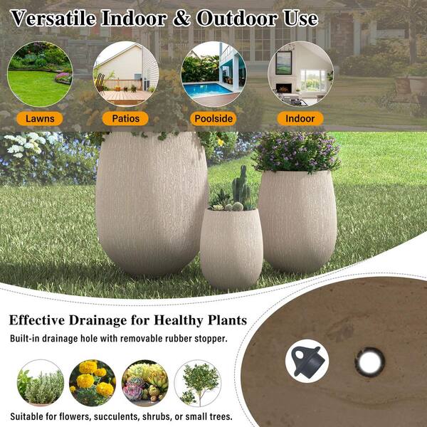 Modern 16 in. Dia. Beige MGO Egg-Shaped Lightweight Outdoor Flower