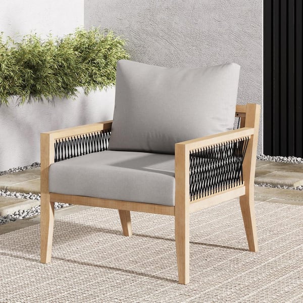Nathan James Freya Natural Brown Bohemian Outdoor Patio Arm Chair Solid Acacia Wood Frame with Gray Cushions