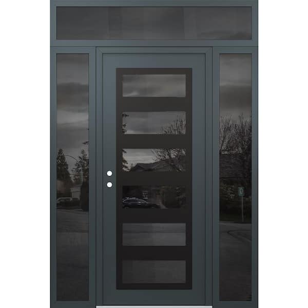 C9 68 in. x 96 in. Black P Right-Hand/Inswing Mirrored Glass Anth/Anth 2-Sidelite Plus Transom Steel Prehung Front Door