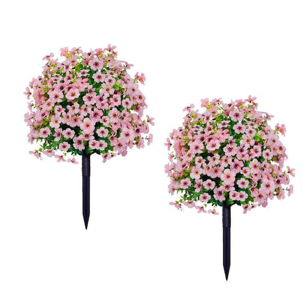 2-Pcs 1. 97 ft. Pink Artificial Trees With Ground Spike, Weather-Resistant Shrubs Bushes Potted Plants With Pink Flowers