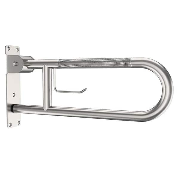 22. 4 in. Toilet Safety Handrails, U-Shaped Flip-Up Grab Bar in Brushed Nickel Stainless Steel with Paper Holder