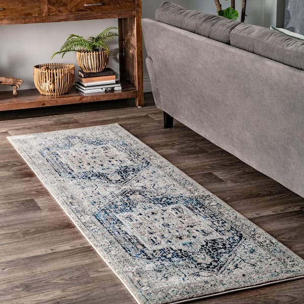 Ehtel Medallion Fringe Dark Blue 3 ft. x 8 ft. Runner Rug
