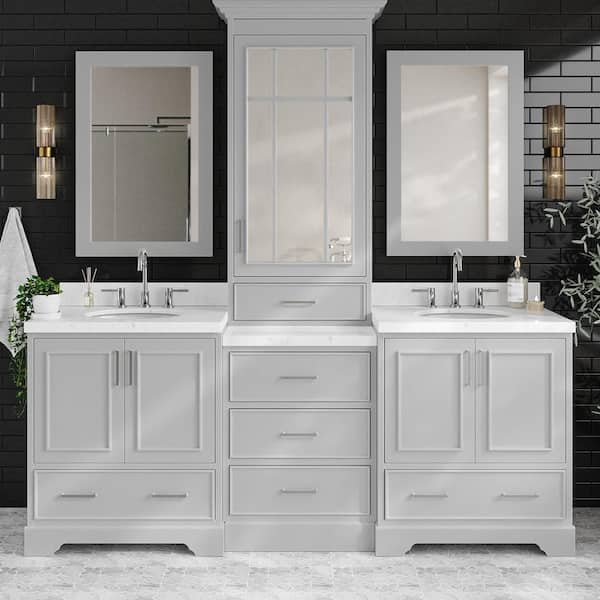 ARIEL Stafford 84 in. W x 22 in. D x 89 in. H Double Sink Freestanding Bath Vanity in Grey with Carrara White Quartz Top