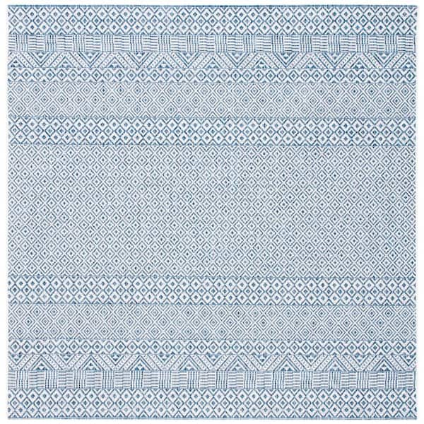 Courtyard Blue/Navy 8 ft. x 8 ft. Geometric Diamond Indoor/Outdoor Patio  Square Area Rug