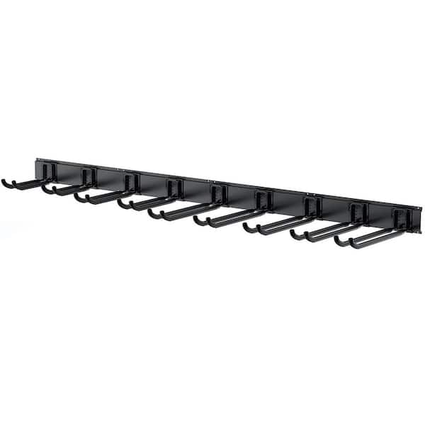 36in Black Steel Wall Rack with 8-Pack Mixed Hooks for Garage Tool Organization, Ladders, Chairs, Shovels, Broom