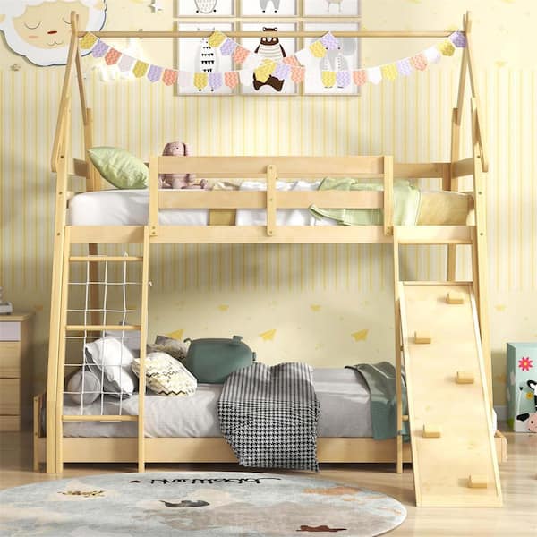 Natural Twin Over Queen Bunk Bed House Shaped Bed Frame with Climbing Nets and Ramp