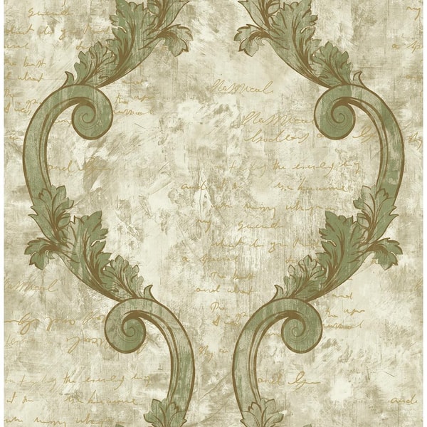 Seabrook Designs Sicily Calligraphy Metallic Gold, Olive Green, and Antique Gold Scroll Paper Strippable Roll (Covers 56.05 sq. ft.)