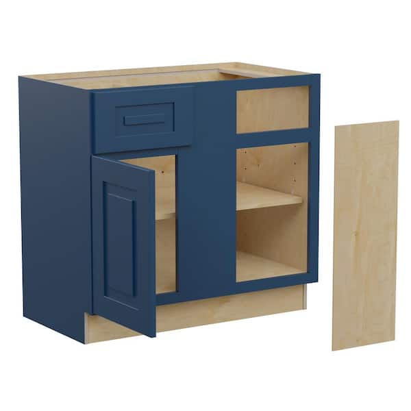 Home Decorators Collection Grayson Mythic Blue Painted Plywood Shaker Assembled Corner Kitchen Cabinet Soft Close 36 in W x 24 in D x 34.5 in H