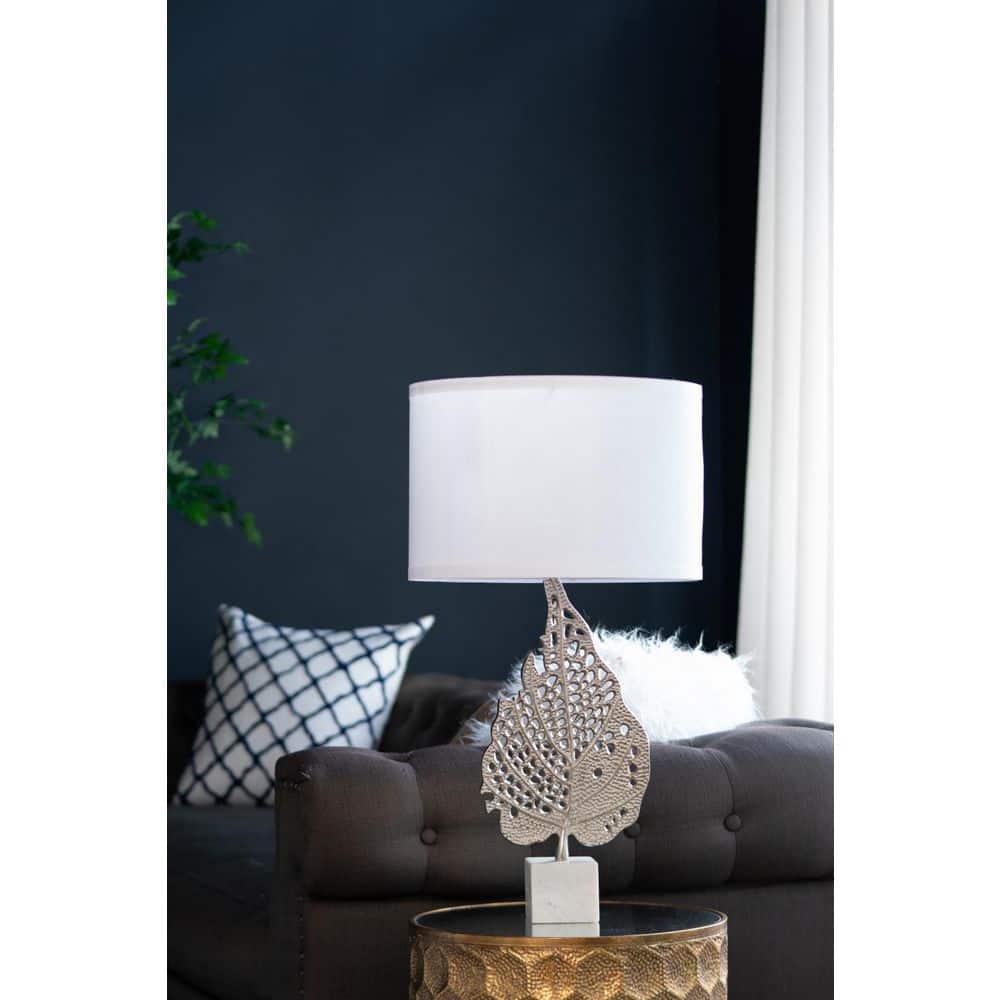 29.3 in. White and Silver Leaf Table Lamp with Drum Shade and Marble Base (Lamp Shade Assembly Required) price history on PriceWatchPro