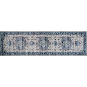 Maeva Ivory/Blue 2 ft. x 8 ft. Bordered Traditional Runner Rug