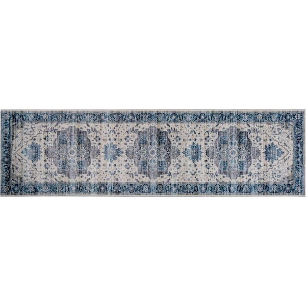 MILLERTON HOME Maeva Ivory/Blue Bordered Traditional 2 ft. x 7 ft. Runner Rug