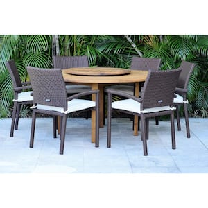 Wesford Lazy Susan 7-Piece Wood Round Outdoor Dining Set with White Cushions