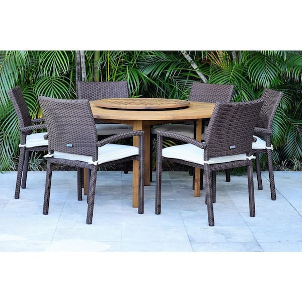 7 Piece Wood Round Outdoor Dining Set, Wooden Outdoor Dining Set With Cushions