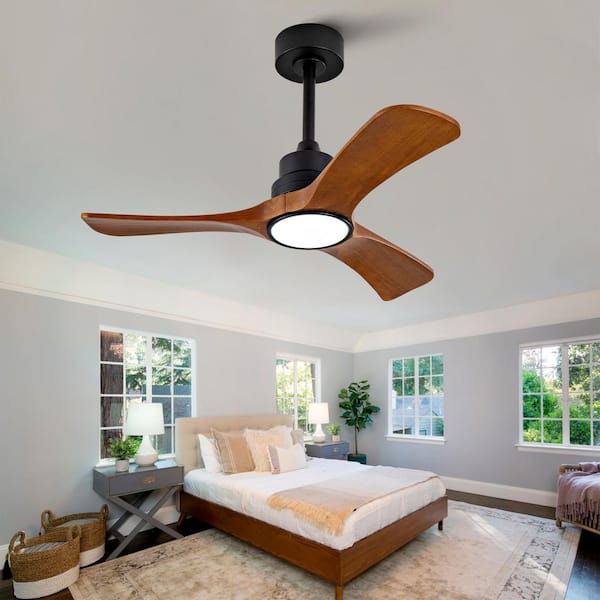 Modern 42 in. Black 3 Wood Blades Downrod Standard Ceiling Fan with Dimmible LED Light and Remote Included
