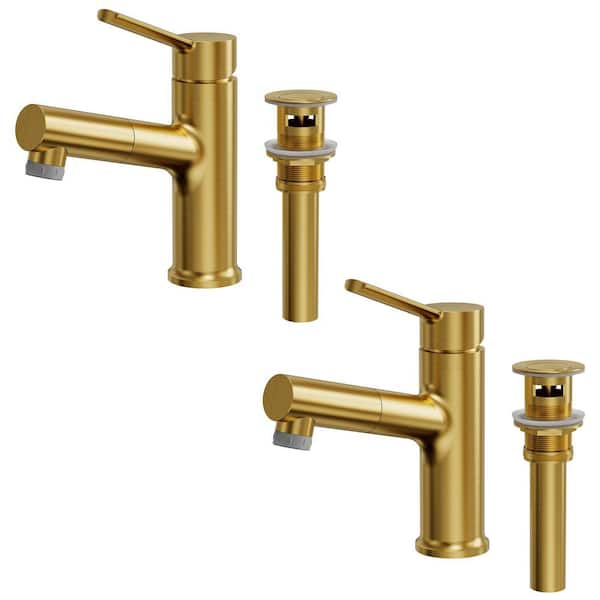 1-Handle Pull-Out Single Hole Bathroom Faucet with 2-Water Flow Modes in Brushed Gold with Pop-Up Drain (2-Pack)