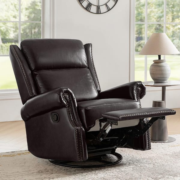 Lavinia Espresso Genuine Leather Manual Swivel Glider Recliner with Nailheads