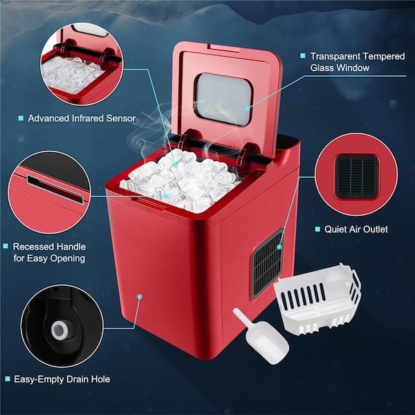 9 in. 33 lbs./24H Portable Ice Maker Machine Countertop Ice Cube Maker with  Scoop and Basket Red