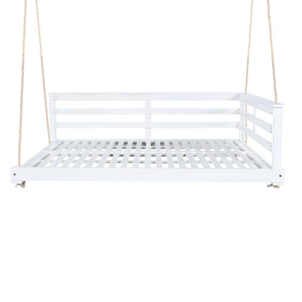 White 2-Person Wood Porch Swing Bed with Hemp Ropes, Full Size Patio Hanging Bed Open-Side Minimalist Design for Garden price history on PriceWatchPro