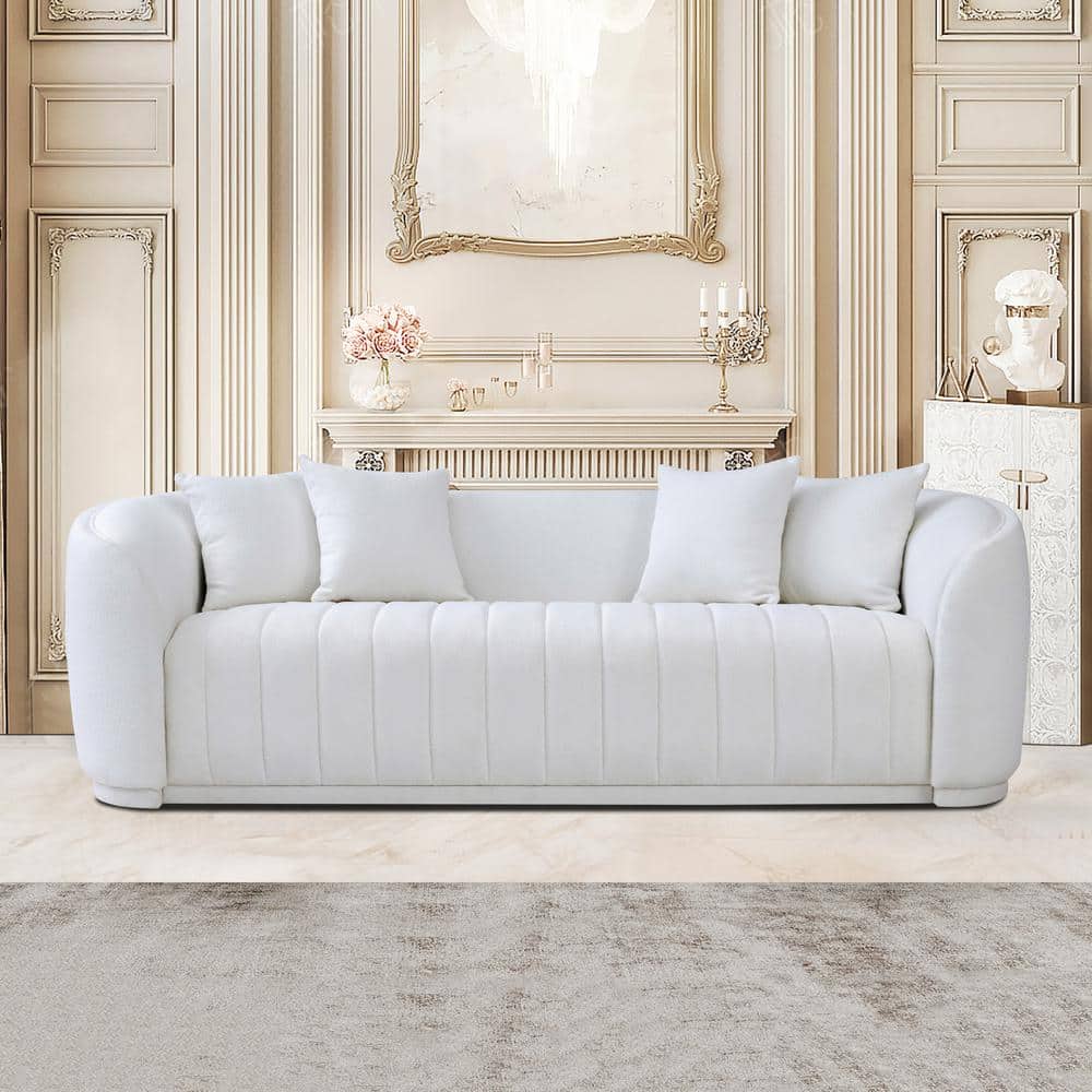 White Boucle Upholstered Mid-Century Modern Sofa with Round Arms