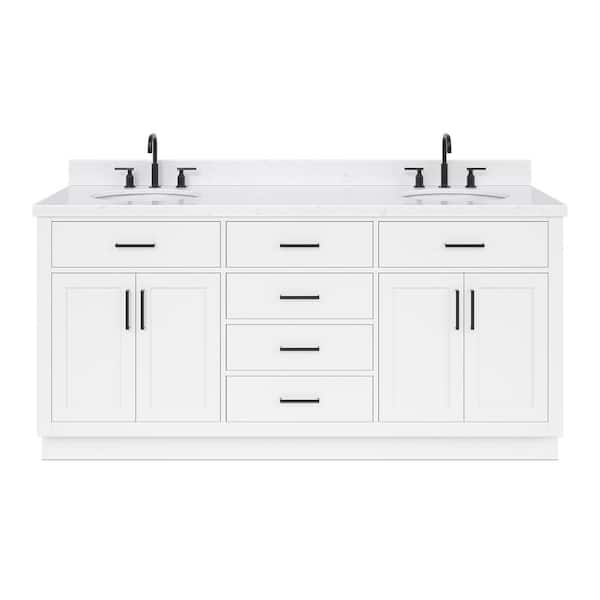 Hepburn 72 in. W x 22 in. D x 36 in. H Double Sink Freestanding Bath Vanity in White with Carrara Quartz Top