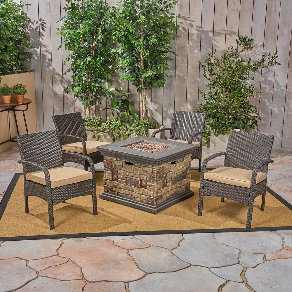Noble House Cordoba Brown 5Piece Faux Rattan Patio Fire Pit Seating