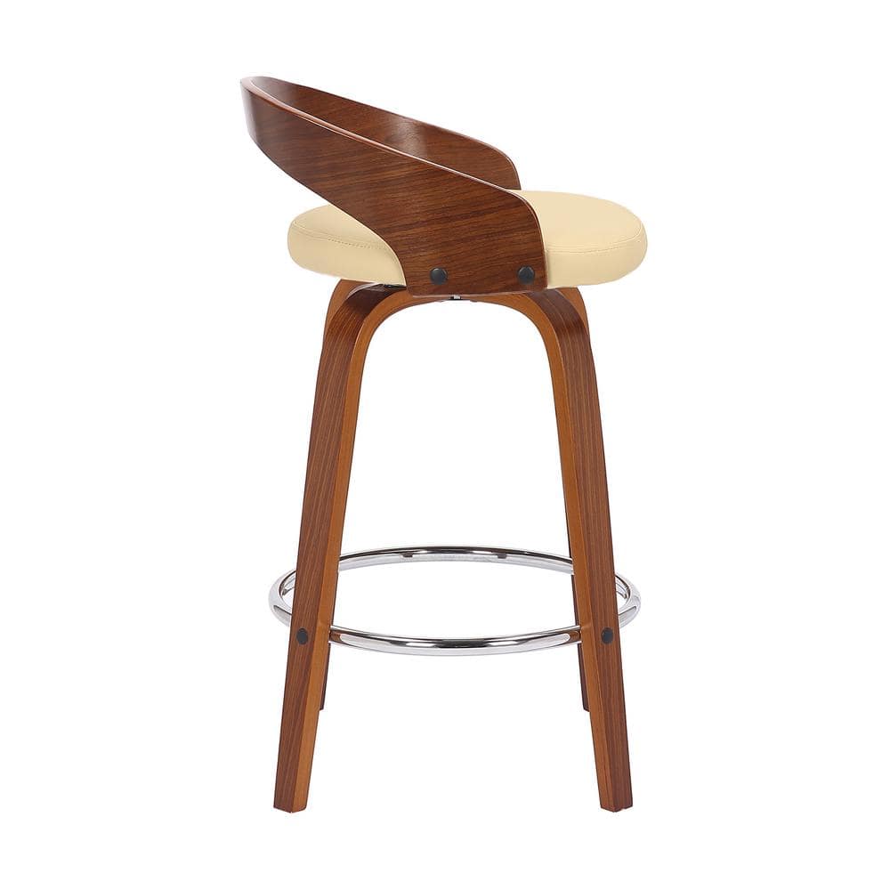 Cream Faux Leather and Walnut Wood Swivel Counter Stool
