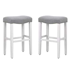Jameson 29 in. Bar Height Antique White Wood Backless Barstool with Gray Upholstered Linen Saddle Seat Stool (Set of 2)