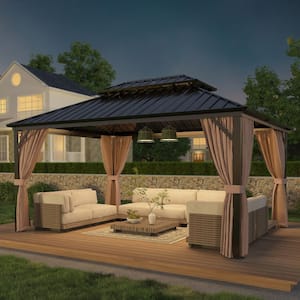 12 ft. x 16 ft. Brown Extra-Large Hardtop Patio Gazebo with Double Roof, with Breathable Netting and Privacy Sidewalls